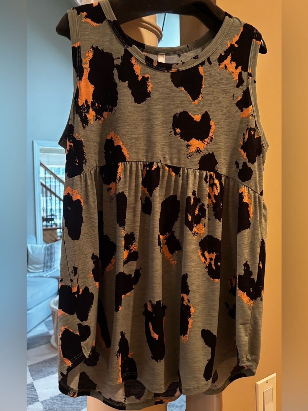 Lee GreenTank Top with Black and coral Abstract Spots